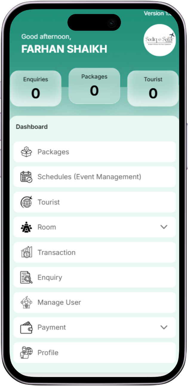 Sadiq E Safar mobile app - tour management application for travel agencies